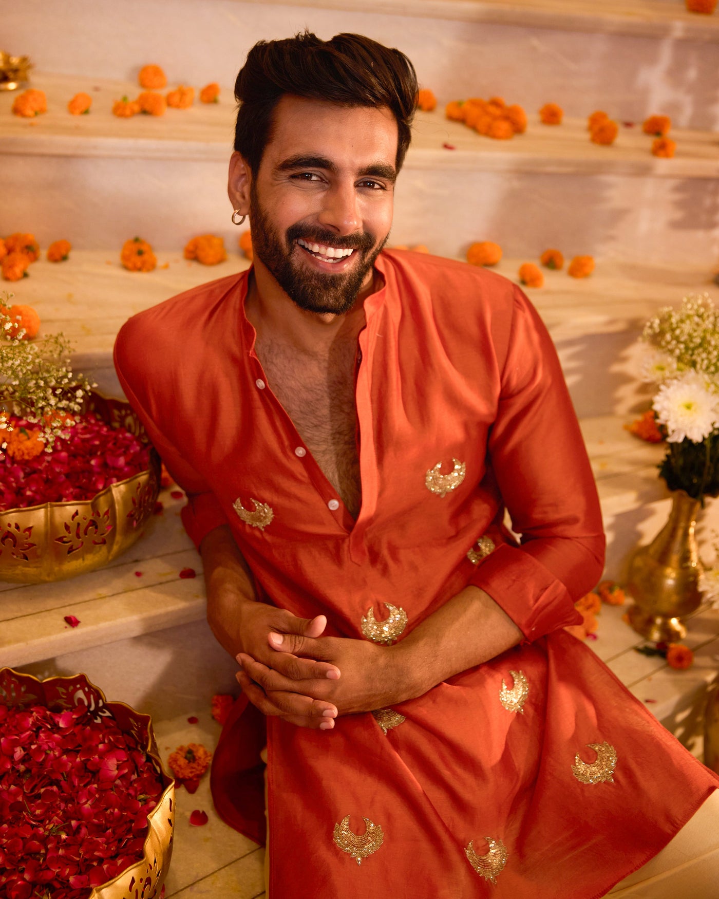 Ratnav Orange Embroidered Chanderi Kurta