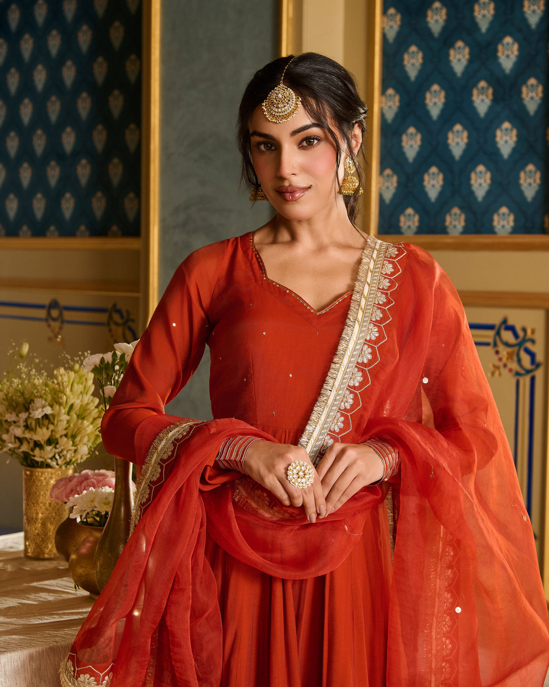Deepashri Orange Embroidered Chanderi Suit Set