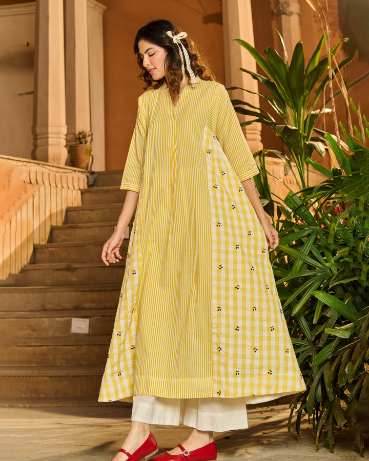Elise Yellow Printed Stripes and Checks Cotton Kurta Set