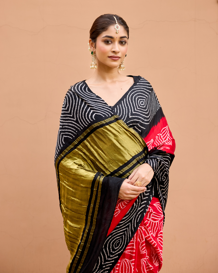 Rate Black Gajji Silk Bandhej Saree