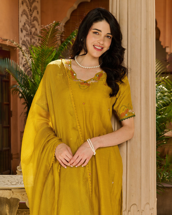 Saaz Mustard Embroidered Chanderi Suit Set