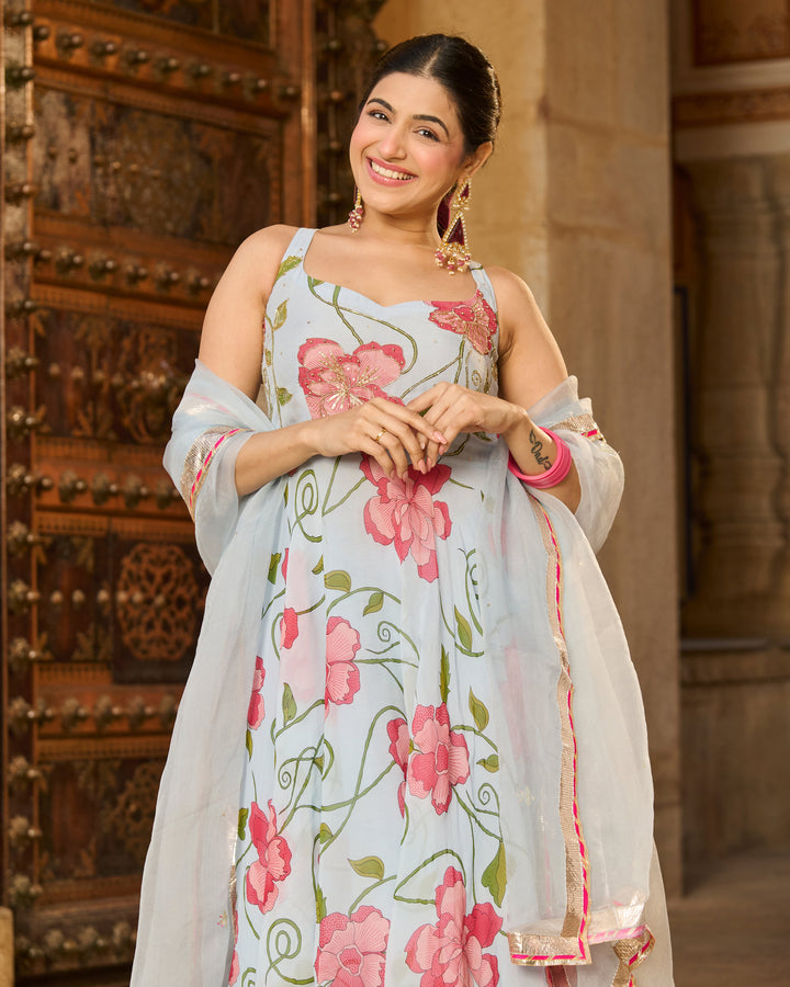 Astra Light Blue Printed Viscose Organza Suit Set