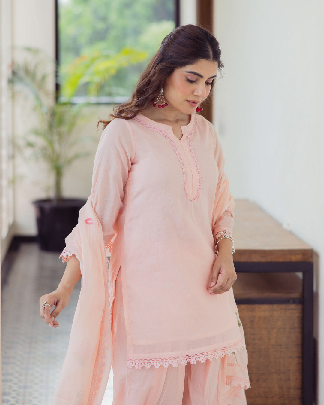 Milky Peach Handpainted Chanderi Suit Set