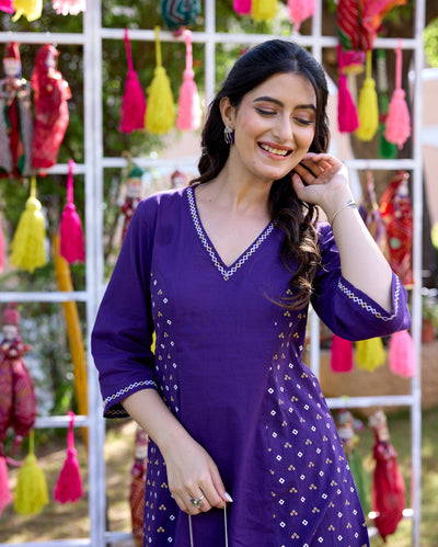 Kavya Purple Bandhani Cotton Kurta Set