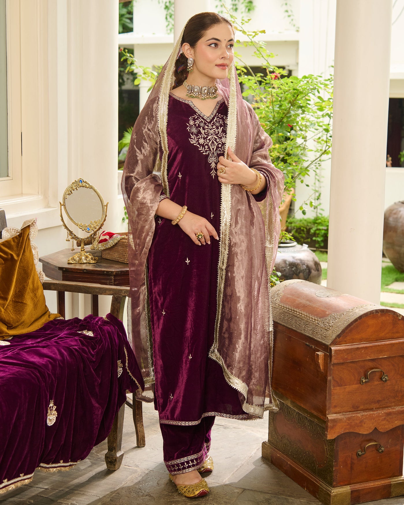 Yug Purple Embroidered Velvet Suit Set