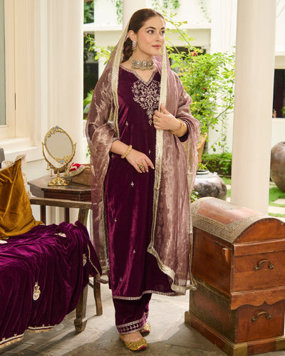Yug Purple Embroidered Velvet Suit Set