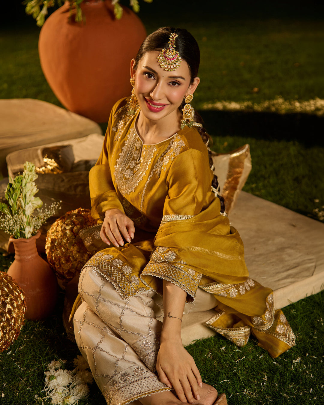 Aarvika Mustard Beige Embroidered Chanderi Suit Set