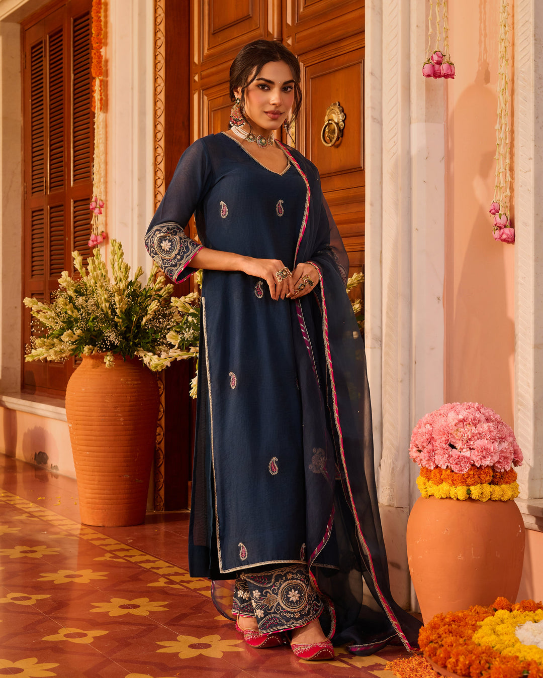 Riddhima Teal Blue Embroidered Chanderi Suit Set