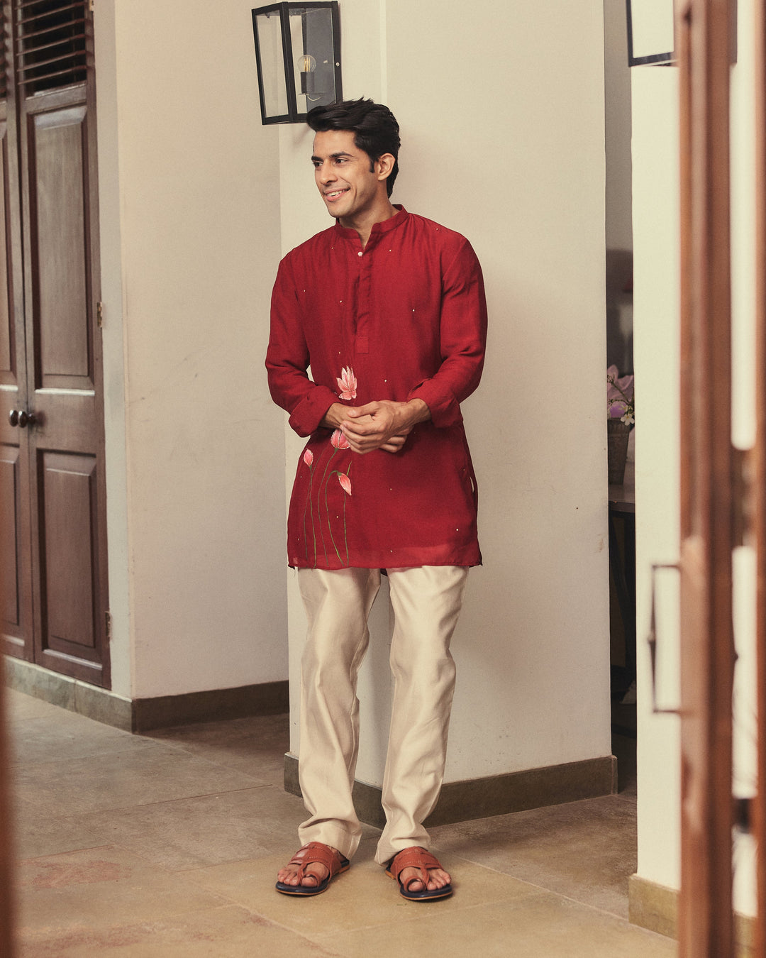 Kaevan Maroon Handpainted Tabby Checks Kurta