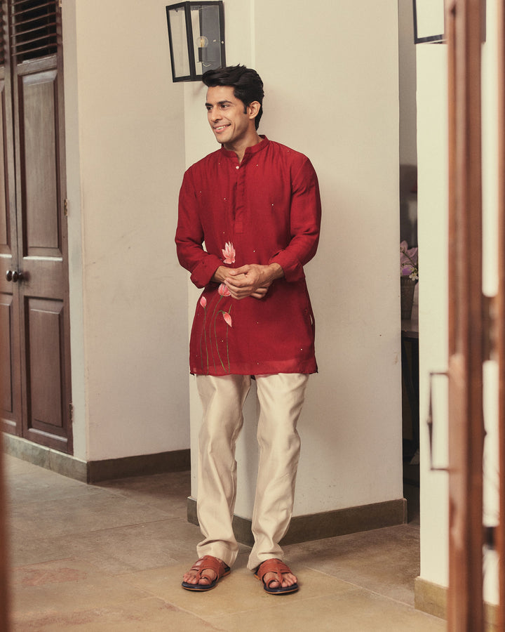 Kaevan Maroon Handpainted Tabby Checks Kurta
