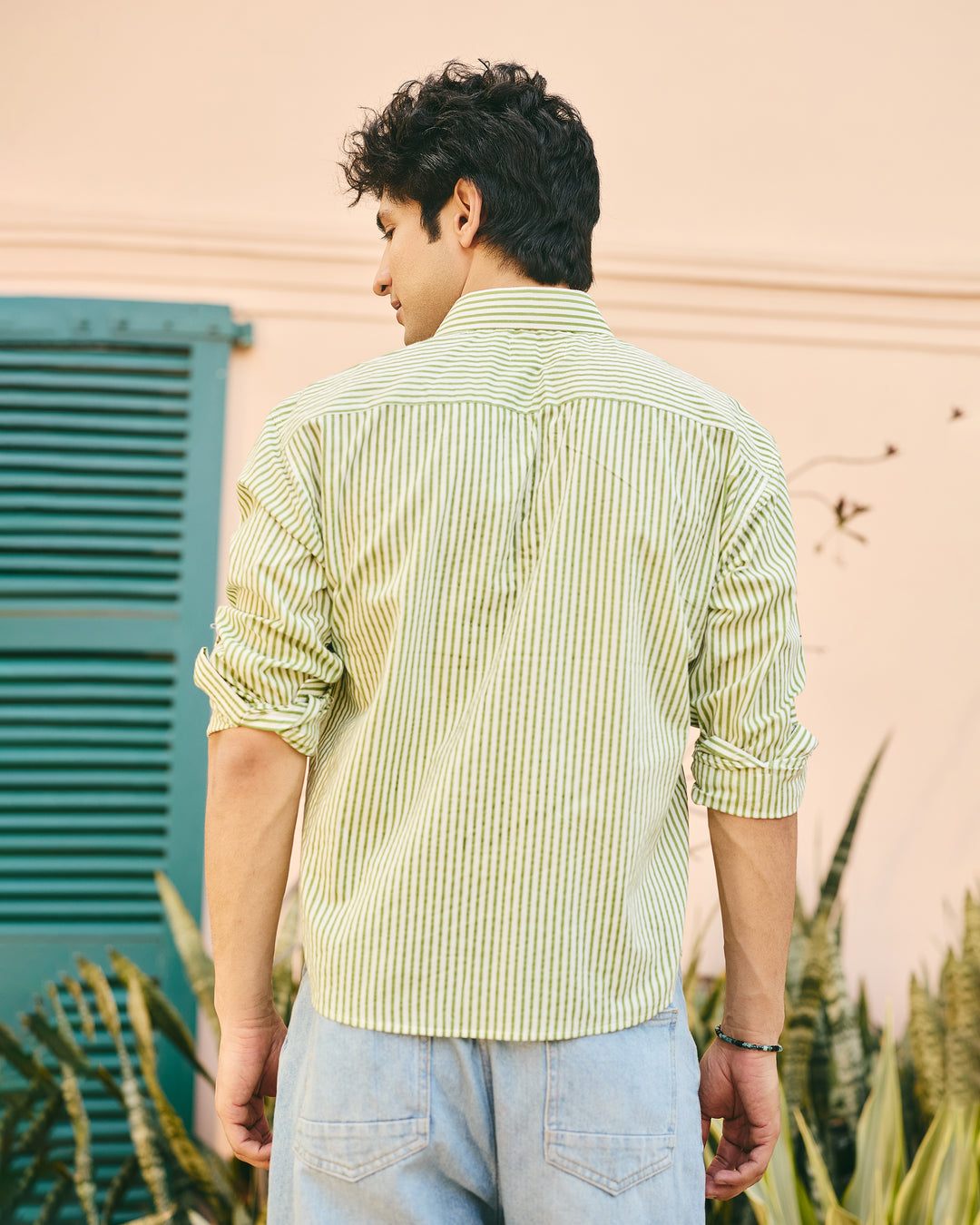 Nako Green Cotton Stripes Shirt