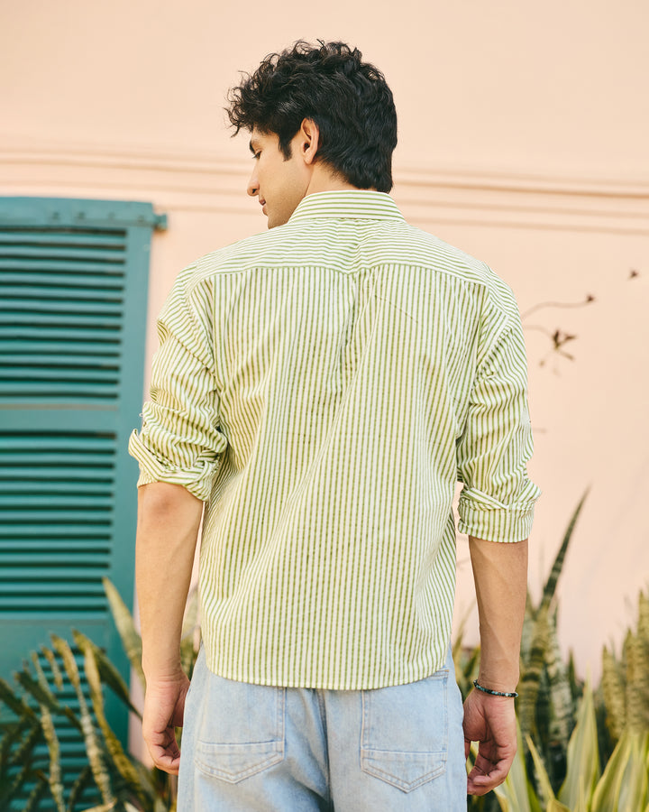 Nako Green Cotton Stripes Shirt