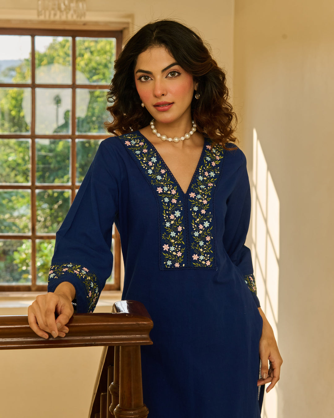 Ease Blue Embroidered Cotton Kurta Set