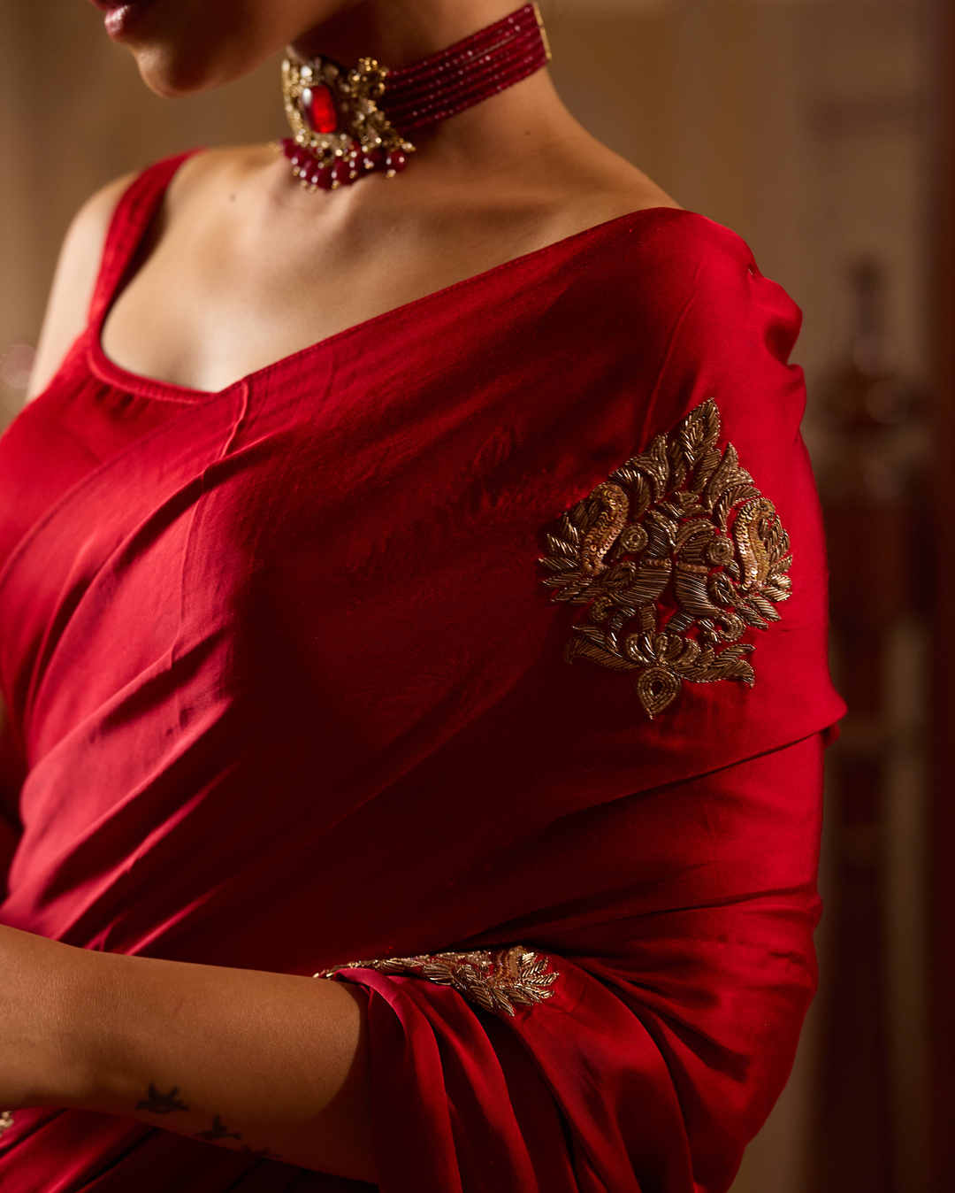 Nishaani Red Handcrafted Satin Saree
