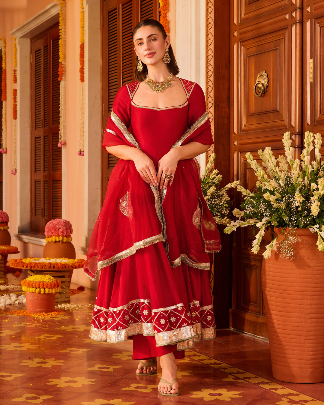 Karwa Red Embroidered Chanderi Suit Set