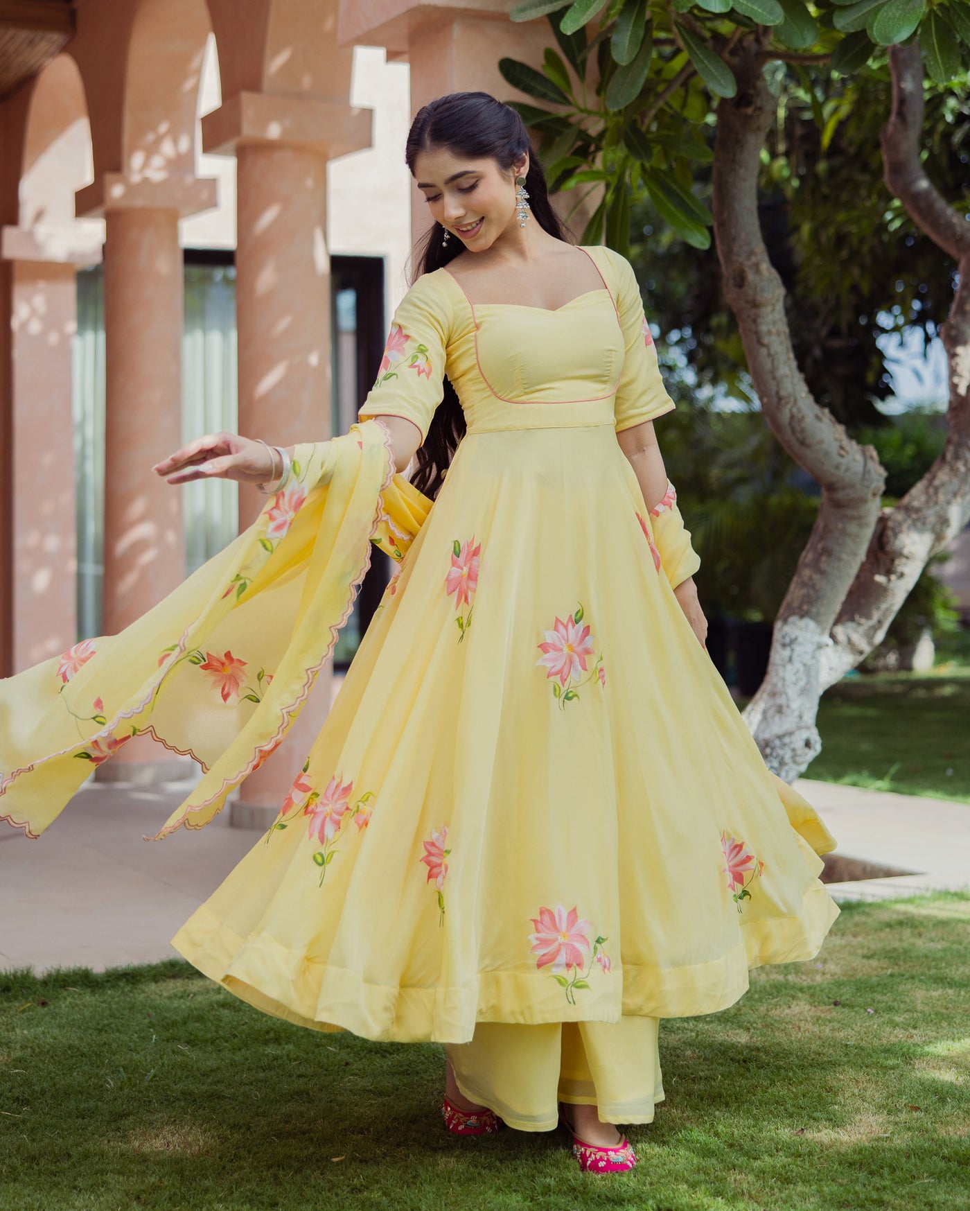 Aura Yellow Handpainted Chinon Suit Set