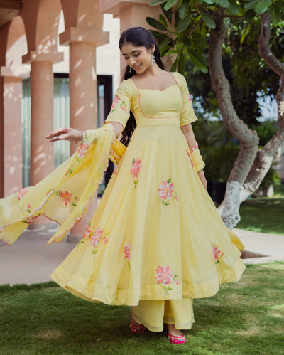 Aura Yellow Handpainted Chinon Suit Set