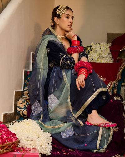 Rayan Blue Embroidered Velvet Suit Set