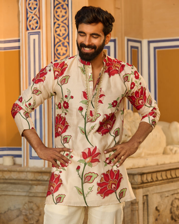 Veer Ivory Printed Chanderi Kurta
