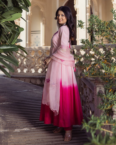 Sweetheart Pink Ombre Embroidered Chanderi Suit Set