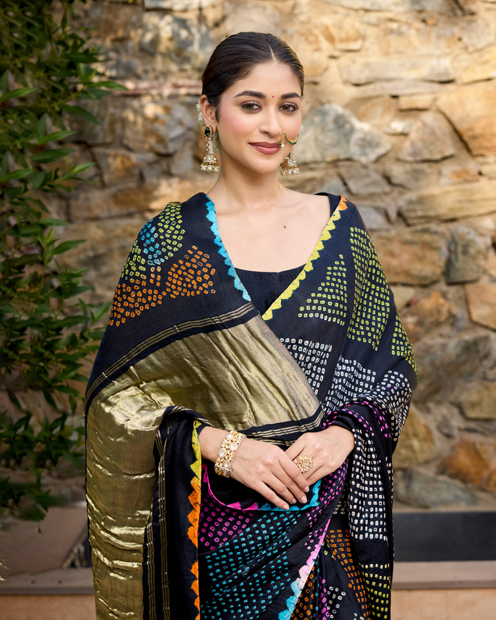 Kajal Black Gajji Silk Bandhej Saree