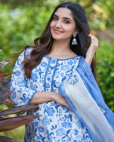 Fresh Blue Printed Cotton Suit Set