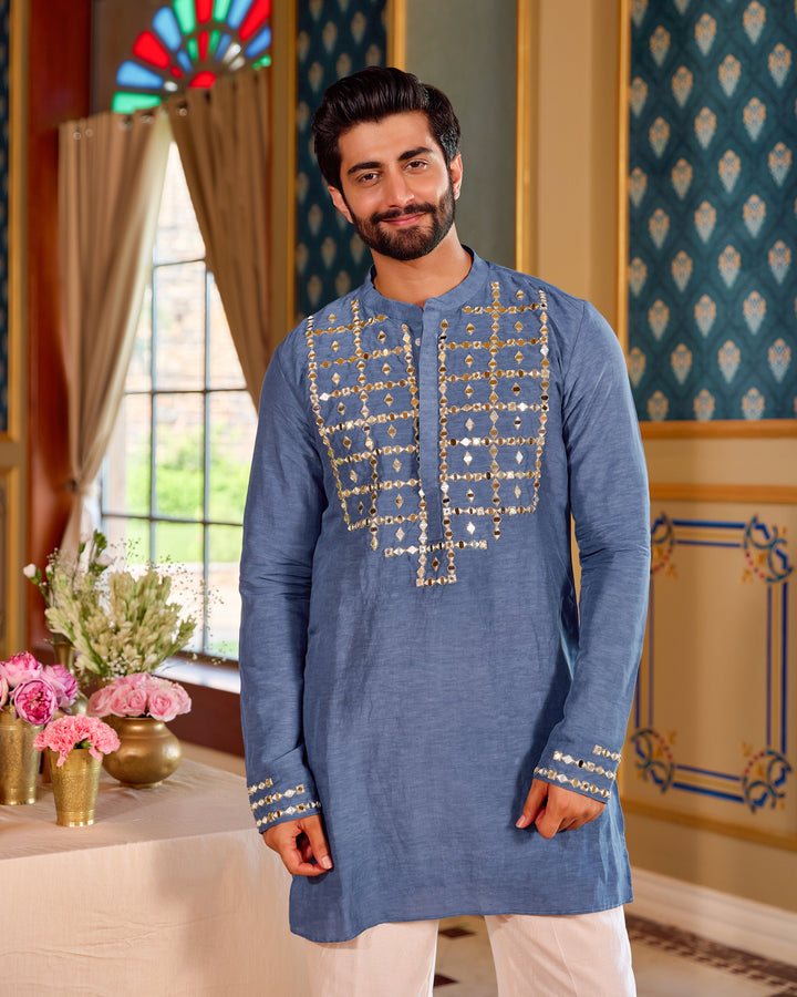 Tattva Blue Silk Embroidered Kurta