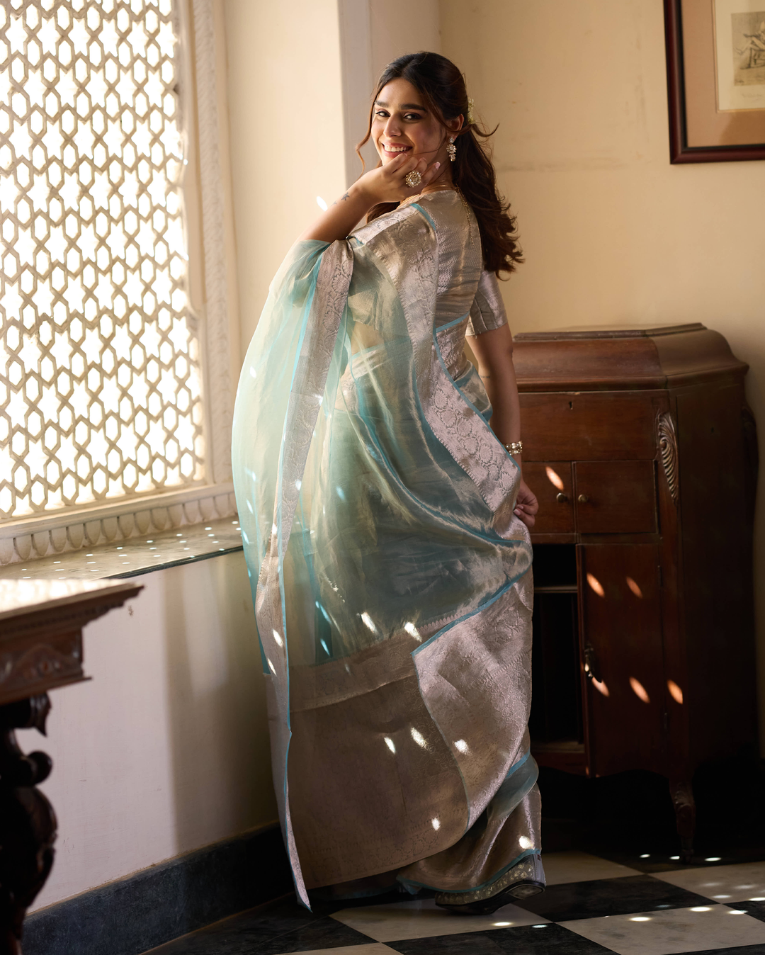 Rajni Sage Blue Solid Pure Tissue Saree