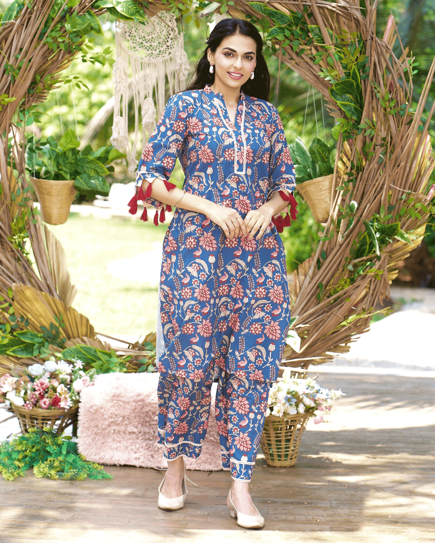 Kayra Blue Printed Cotton Kurta Set