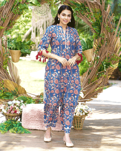 Kayra Blue Printed Cotton Kurta Set