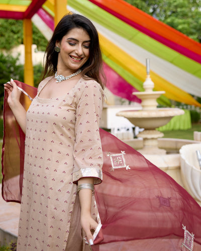 Kriti Beige Bandhani Chanderi Suit Set