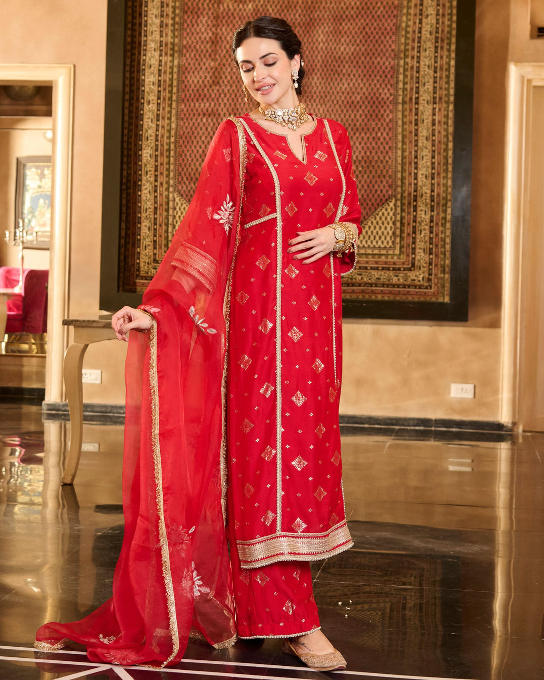 Jini Red Jacquard Suit Set