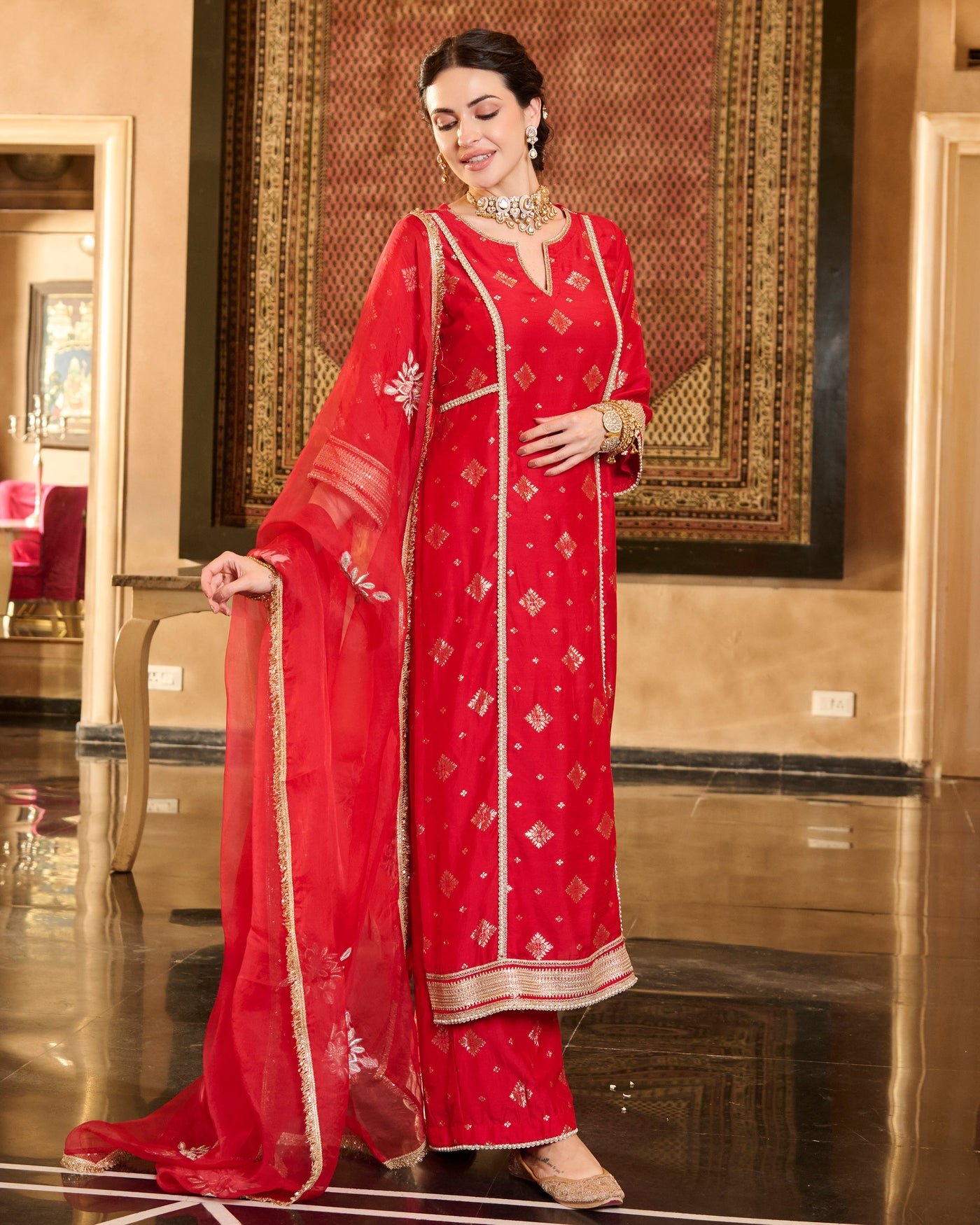 Jini Red Jacquard Suit Set