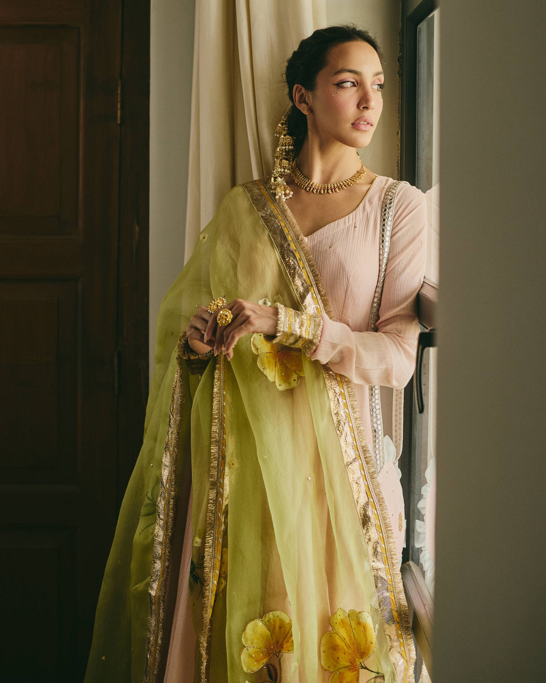 Rangriti Peach Handpainted Cotton Crush Suit Set