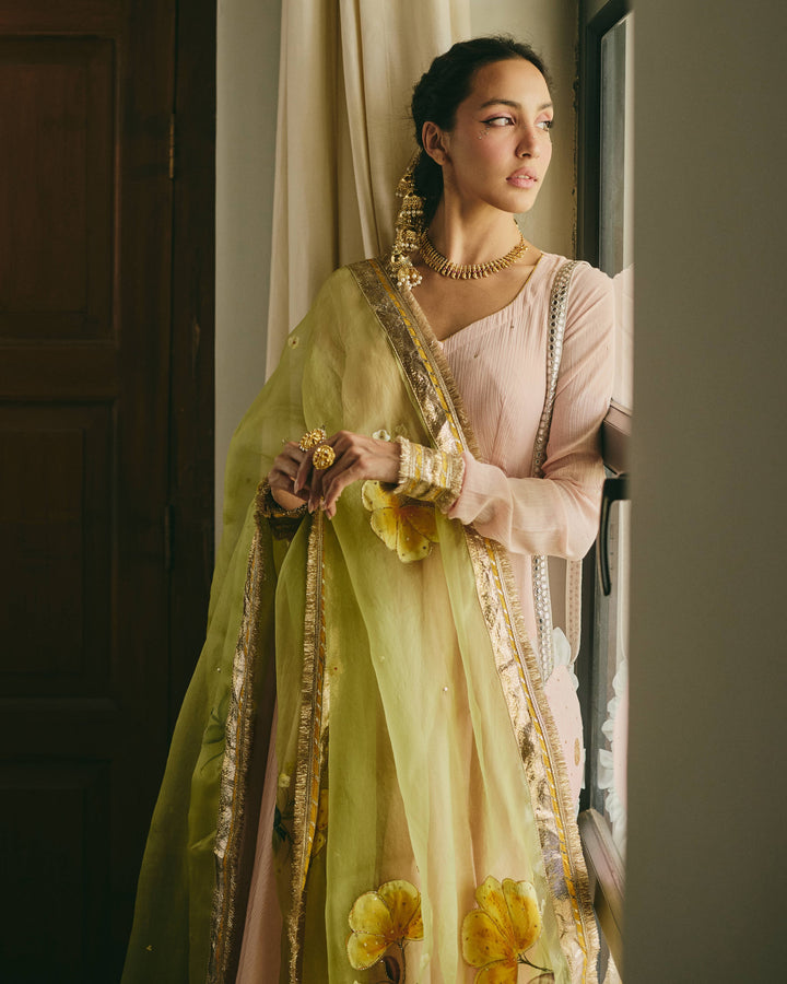 Rangriti Peach Handpainted Cotton Crush Suit Set
