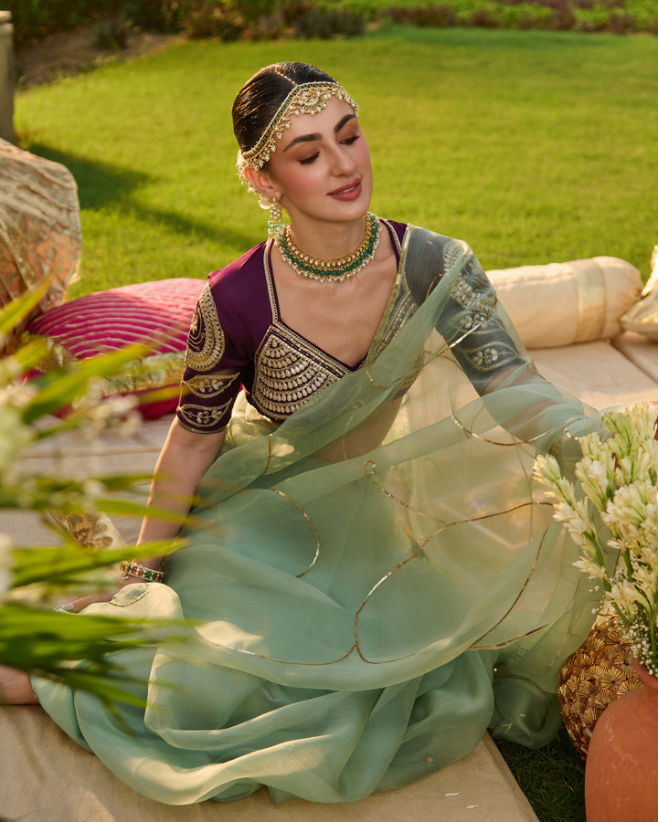 Surmayi Purple Embroidered Satin Aangi Blouse And Saree