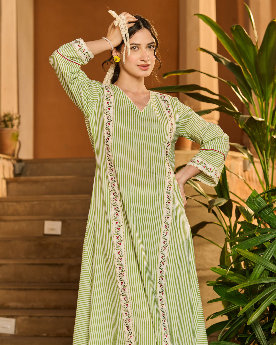 Camille Green Printed Cotton Stripes Kurta Set