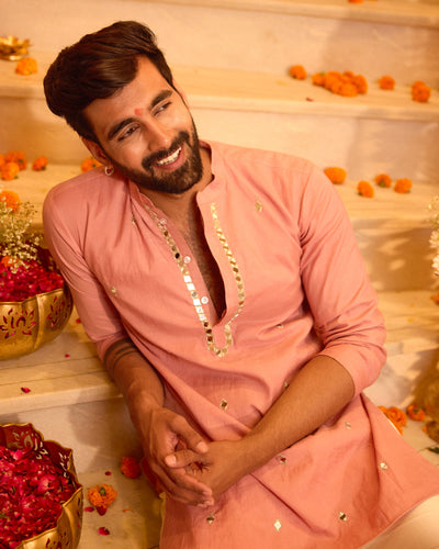 Manthan Peach Embroidered Chanderi Kurta