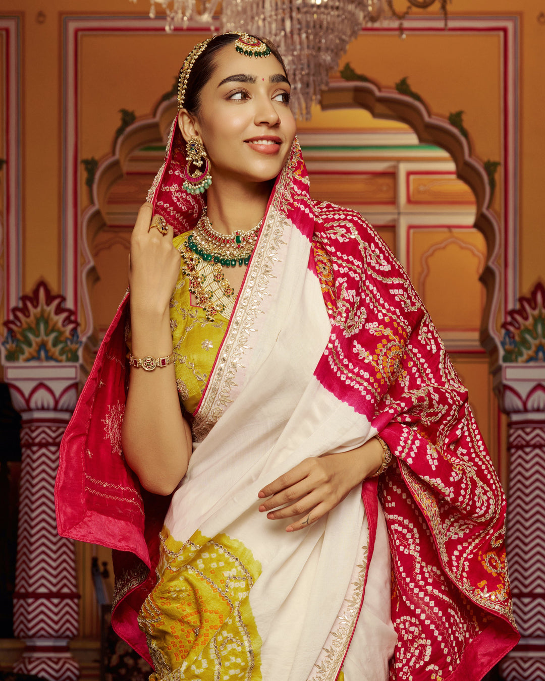 Barkha White Embroidered Kajol Bandhej Silk Saree