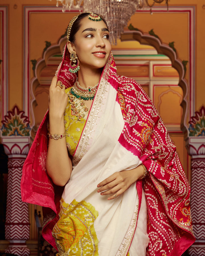 Barkha White Embroidered Kajol Bandhej Silk Saree