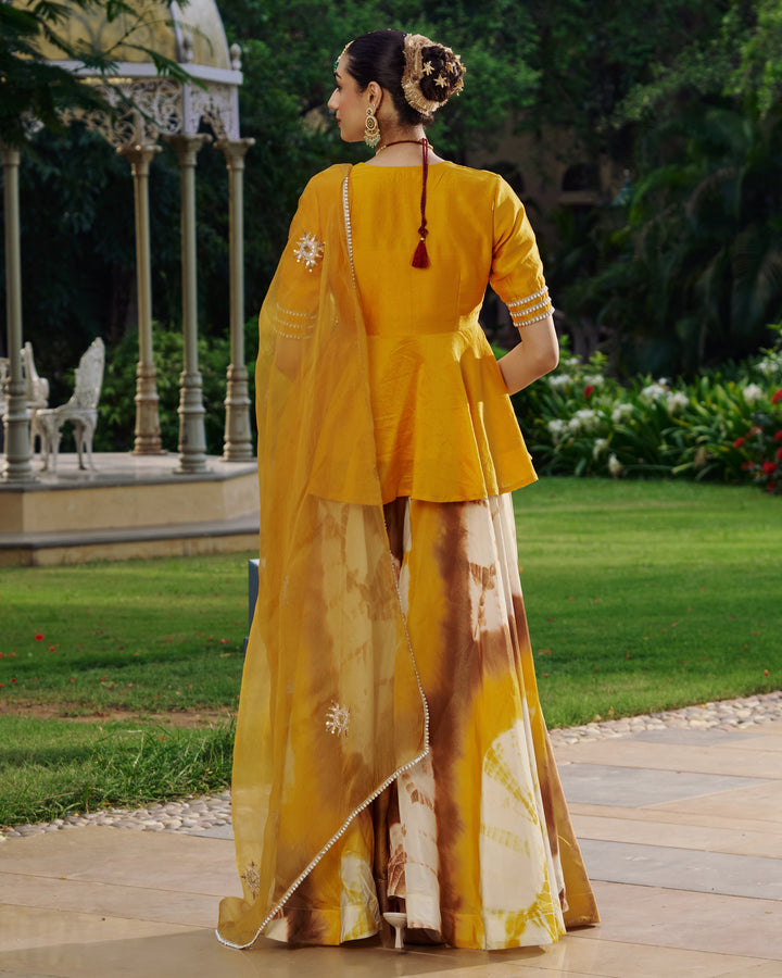 Tripura Yellow Embroidered Tie- Dye Chanderi Suit Set