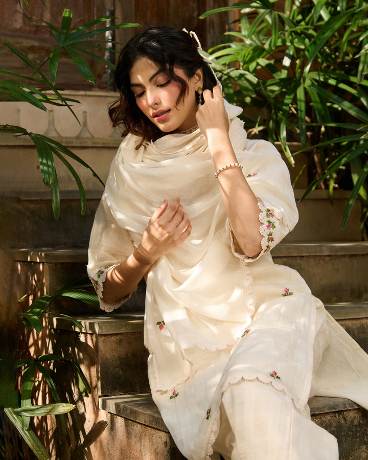 Vayu Off White Embroidered Cotton Checks Suit Set