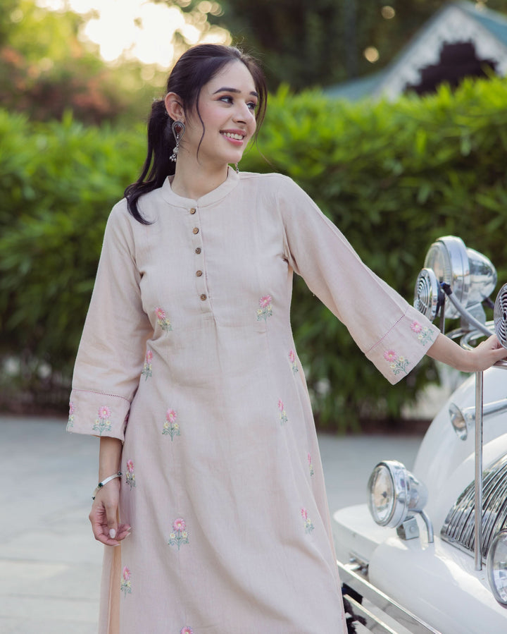 Stick Beige Embroidered Flex Kurta Set