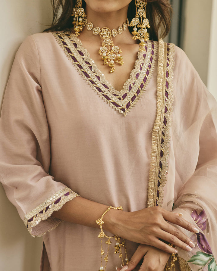 Chitvani Beige Handpainted Chanderi Suit Set