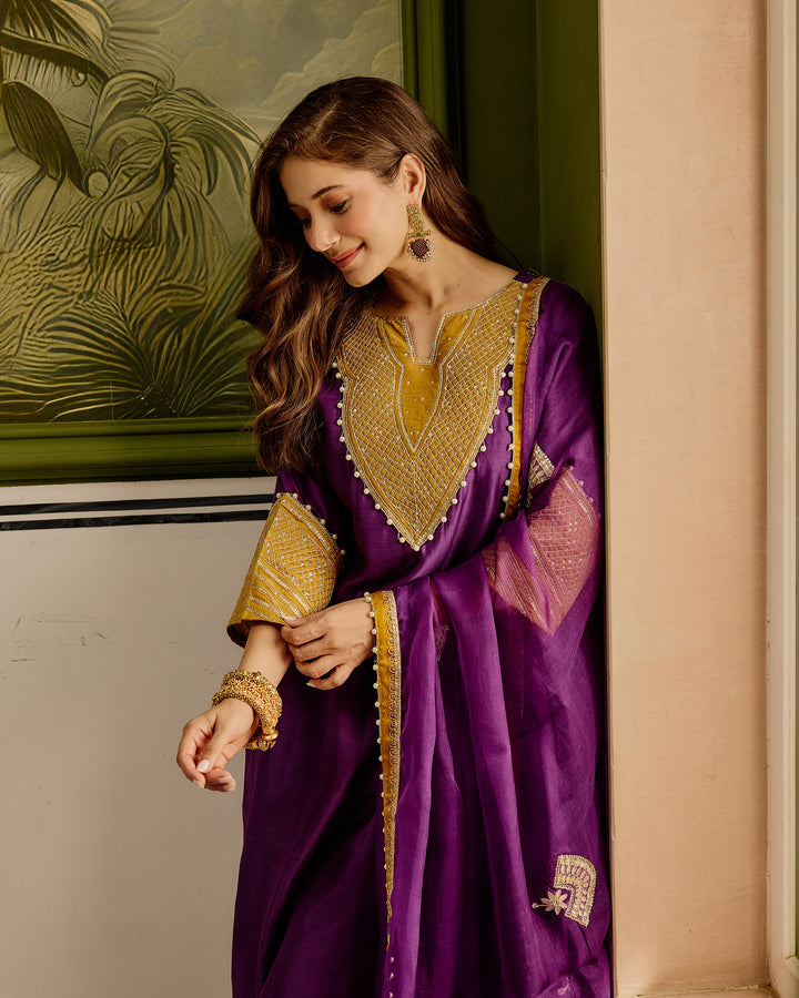 Ambika Purple Embroidered Chanderi Suit Set