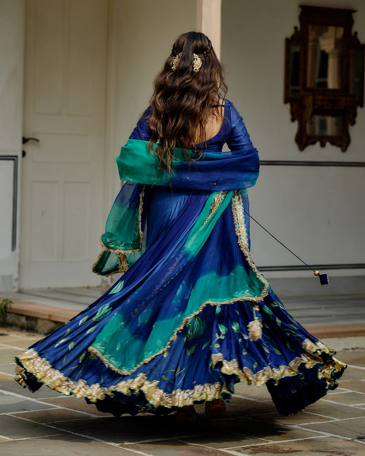 Varnesha Blue Handpainted Chanderi Lehenga Set
