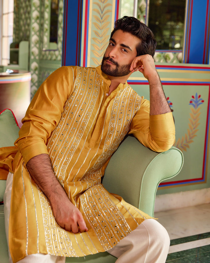 Vardhan Mustard Chanderi Embroidered Kurta