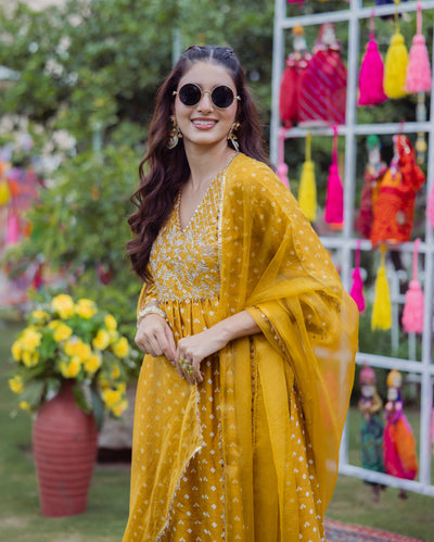 Pavitra Yellow Bandhani Chanderi Suit Set
