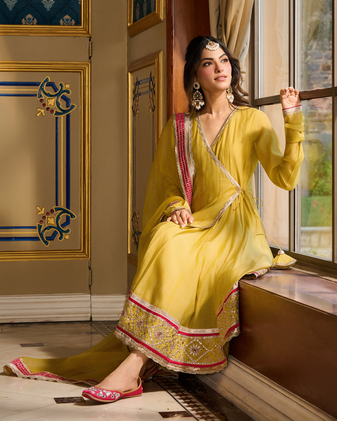 Samridhi Lime Green Embroidered Chanderi Suit Set