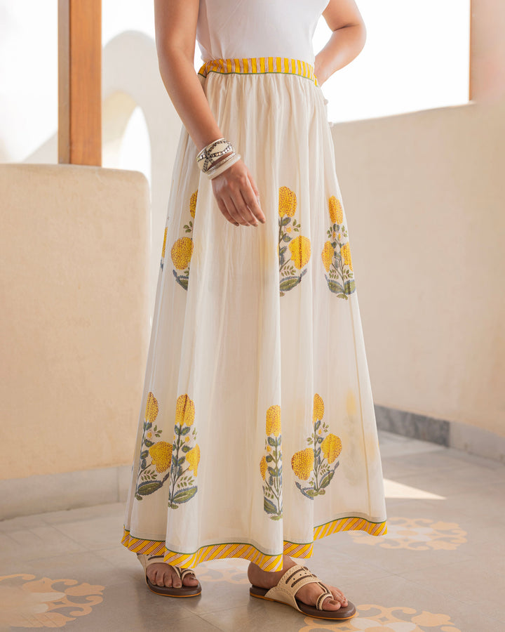 Noraya Off White Printed Cotton Skirt